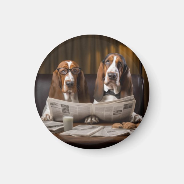 Basset hounds reading the newspaper magnet (Front)