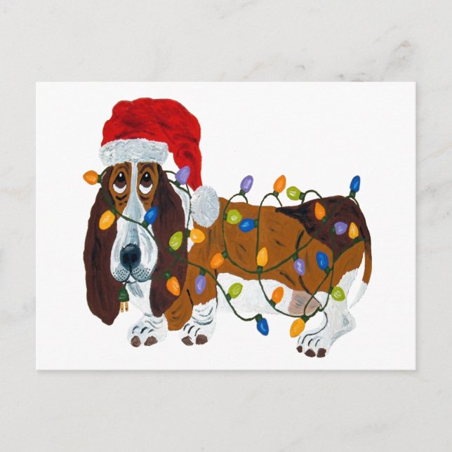 Basset Tangled In Christmas Lights Holiday Postcard (Front)