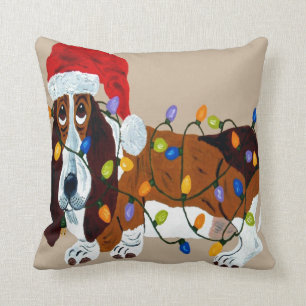 Basset Tangled In Christmas Lights Throw Pillow