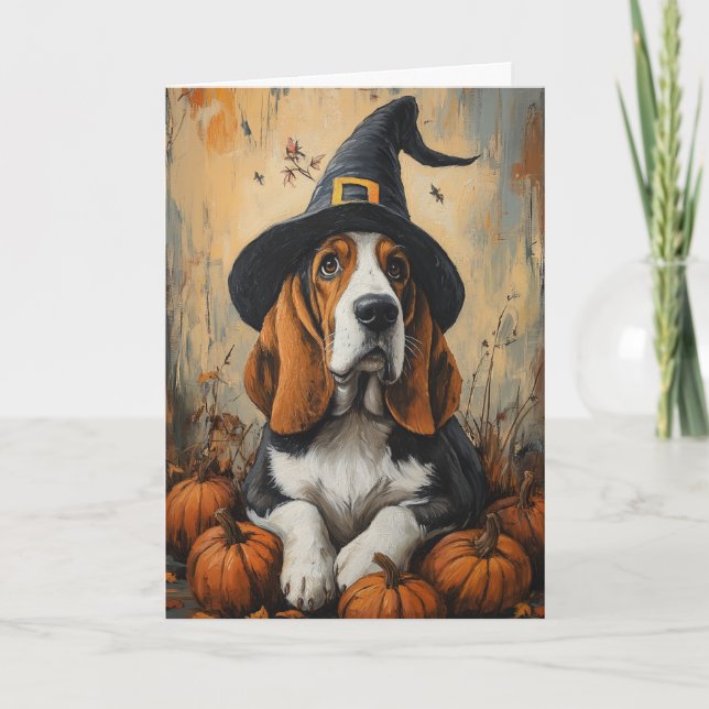 Basset Witch Halloween Holiday Card (Front)
