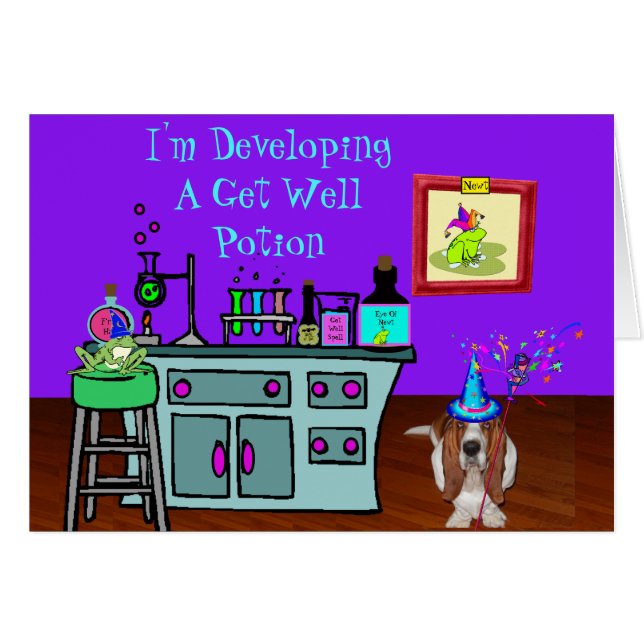 Basset Wizard & Frog On Funny Get Well Card (Devant horizontal)