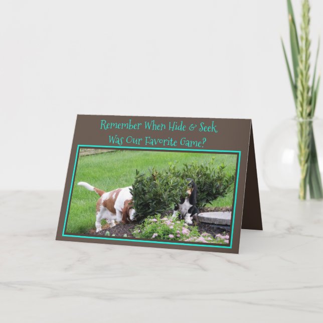 Bassets Playing "Hide & Seek" On Birthday Card (Front)