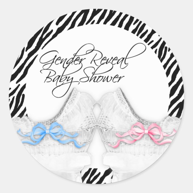 Bassinets Pink Blue Zebra Gender Reveal Classic Round Sticker (Front)