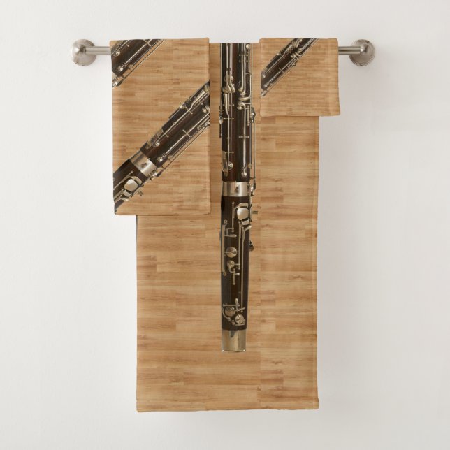 Bassoon Ensemble on Wood Grain Look Bath Towel Set (Insitu)