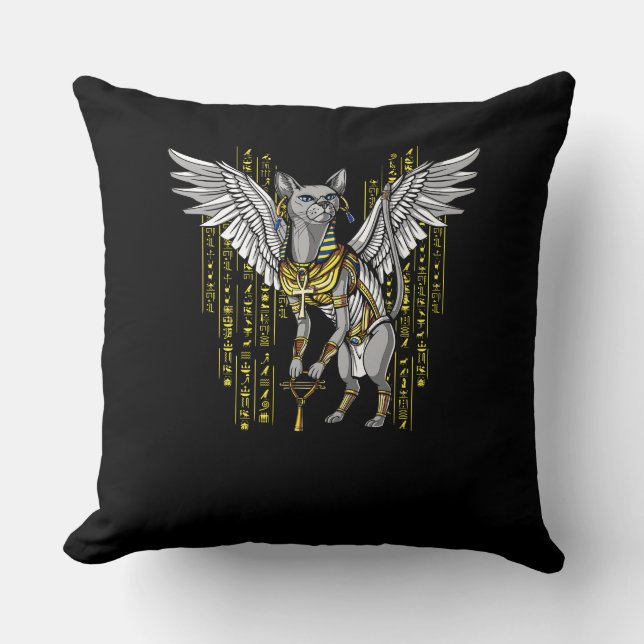 Bastet Egyptian Cat Goddess Ankh Hieroglyphs Throw Pillow (Front)