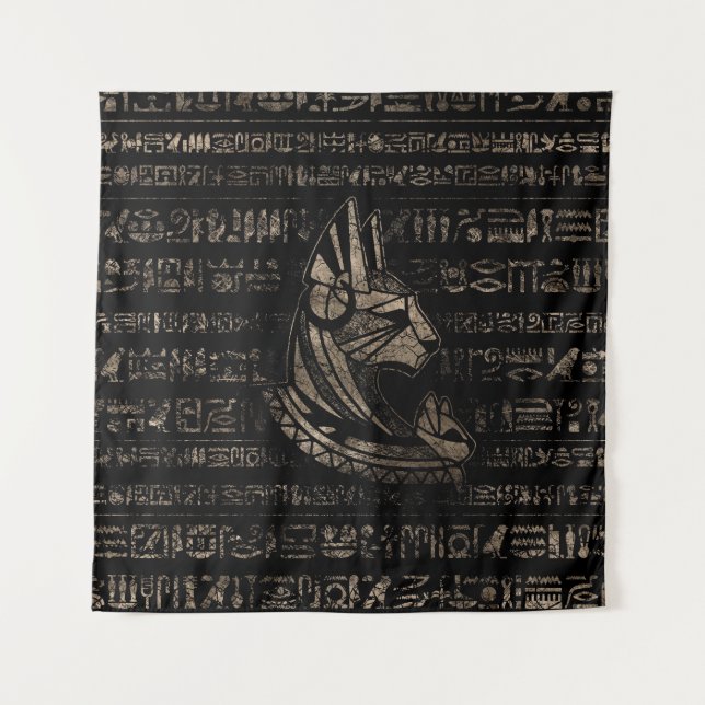 Bastet Egyptian Goddess -vintage gold on black Tapestry (Front)