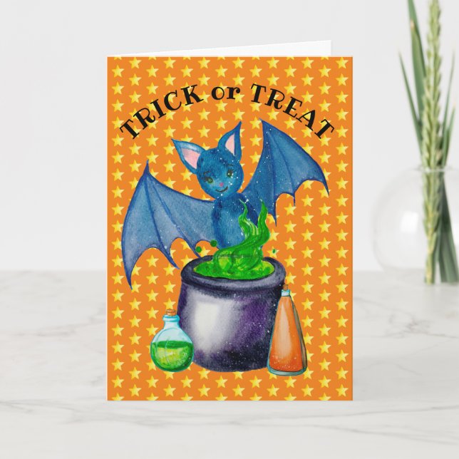 Bat And Bubbling Cauldron 5" x 7" Greeting Card (Front)