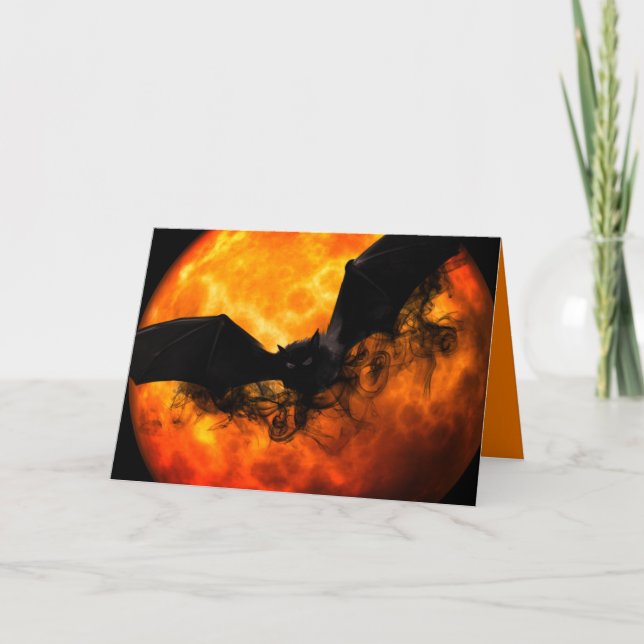 Bat and harvest moon fall black orange elegant  card (Front)