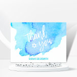 Bat Bar Mitzvah Watercolor Turquoise Blue Thank You Card<br><div class="desc">Say thank you to your guests with these beautiful watercolor Bar Mitzvah thank you cards.  White letters with star of David in middle.  Watercolor blue,  turquoise colours.  Blank cards,  room to write personal message.  Get matching collection!</div>