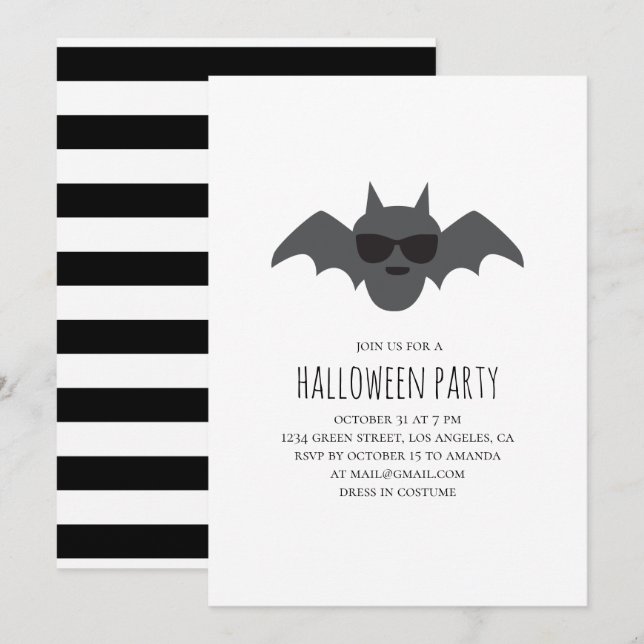 Bat. Black and white Halloween costume party Invitation (Front/Back)