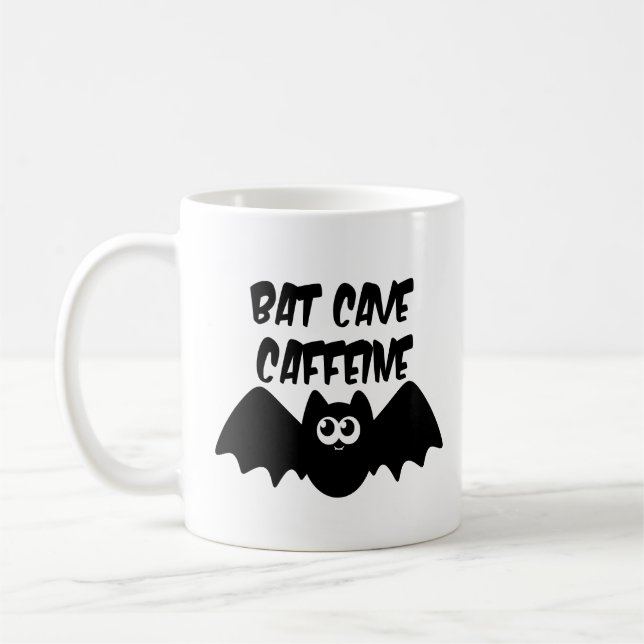 Bat Cave Caffeine Funny Halloween Coffee Mug (Left)