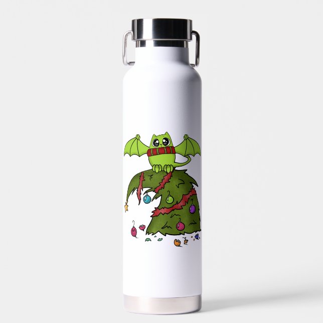 Bat Dragon Cat on Christmas Tree Water Bottle (Front)