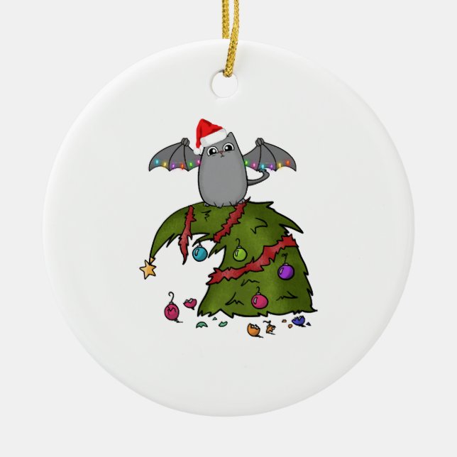 Bat Dragon Cat with Santa Hat on Christmas Tree Ceramic Ornament (Front)