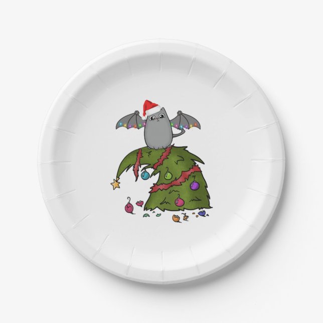 Bat Dragon Cat with Santa Hat on Christmas Tree Paper Plate (Front)