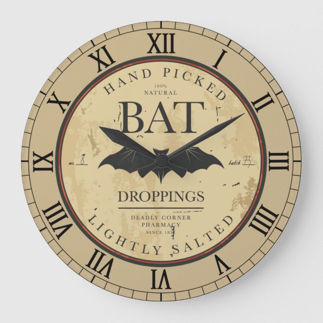 Bat Droppings Vintage Halloween Label Large Clock (Front)