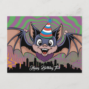 Bat flying above psychedelic city postcard