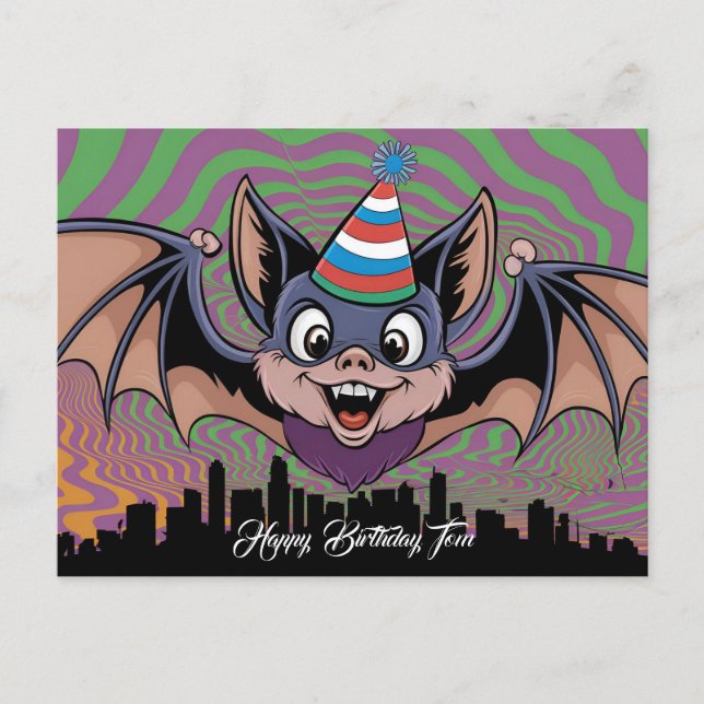 Bat flying above psychedelic city postcard (Front)
