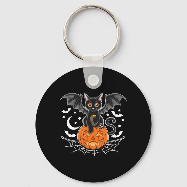 Bat Halloween _ Black Cat Bat Wings Spooky Cat Keychain (Front)
