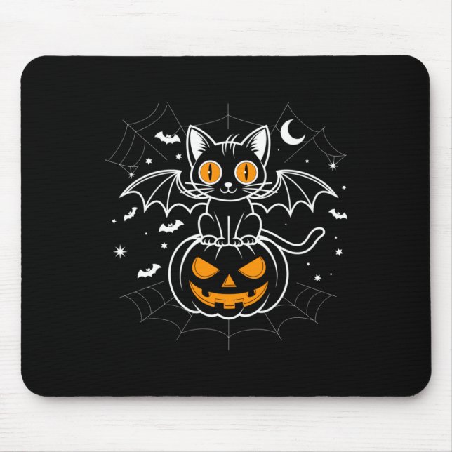 Bat Halloween _ Black Cat Bat Wings Spooky Cat Mouse Pad (Front)