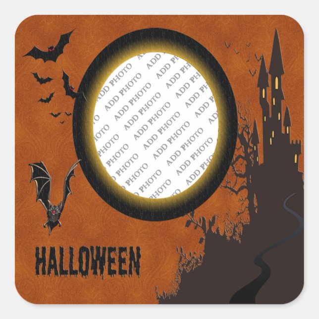 Bat, Haunted House Photo Frame and Orange Sky Square Sticker (Front)