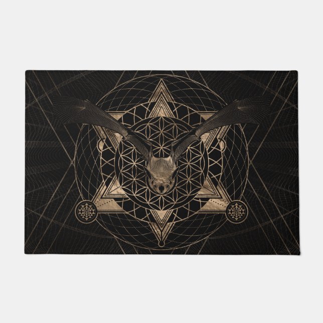 Bat in Sacred Geometry - Black and Gold Doormat (Front)