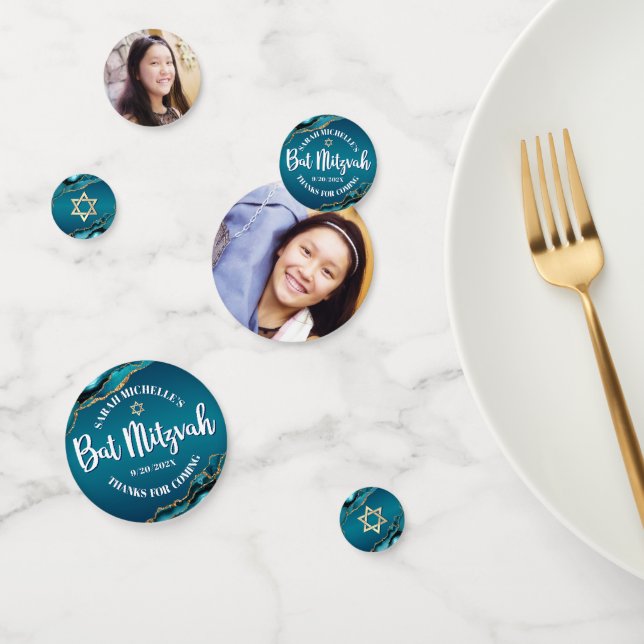 Bat Mitzvah 2 Photo Agate Turquoise Ombre Script Confetti (Group)