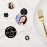 Bat Mitzvah 3 Photo Black Gold Foil Glitter Script Confetti<br><div class="desc">Add some extra style to your favourite Bat Mitzvah’s celebration party with this customizable photo table confetti! Sparkly gold faux foil handwritten script, Star of David, tiny confetti glitter dots and bold white sans serif typography against a sophisticated, dramatic black background on one side mix with your Bat Mitzvah’s photos...</div>