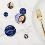 Bat Mitzvah 3 Photo Navy Silver Glitter Script Confetti<br><div class="desc">Add some extra style to your favourite Bat Mitzvah’s celebration party with this customizable photo table confetti! Sparkly silver faux foil handwritten script, Star of David, tiny confetti glitter dots and bold white sans serif typography against a sophisticated, dramatic navy blue watercolor background on one side mix with your Bat...</div>