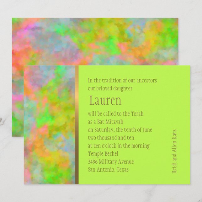 Bat Mitzvah Abstract Design in Lime Green Invitation (Front/Back)