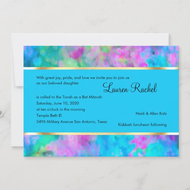 Bat Mitzvah Abstract Turquoise Blue Pink Aqua Invitation (Front)