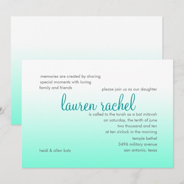 Bat Mitzvah Any Colour and Aqua Ombre Gradient Invitation (Front/Back)