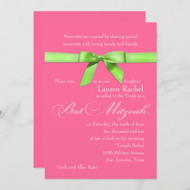 Bat Mitzvah Any Colour with Green Bow Invitation (Front/Back)