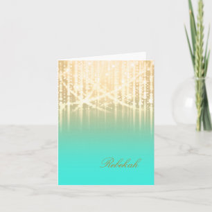 Bat Mitzvah Aqua Green and Gold Sparkly Lights Note Card