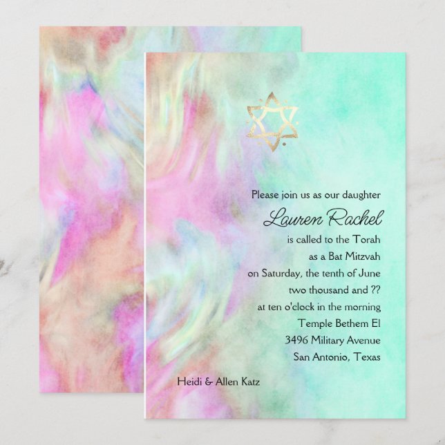 Bat mitzvah Aqua Tie Dye Conception Invitation (Devant / Derrière)