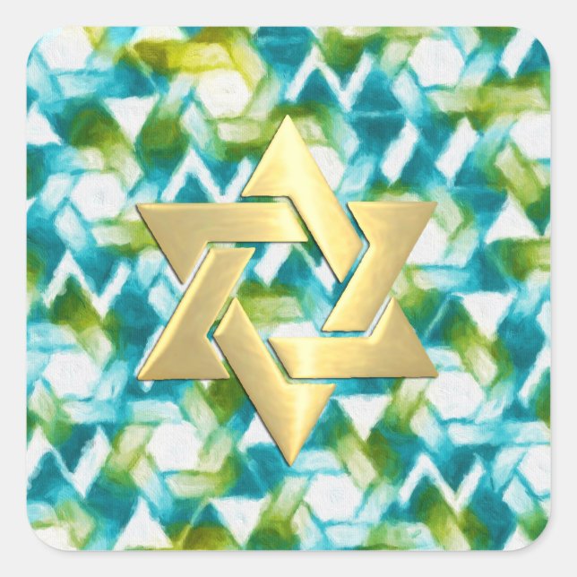Bat Mitzvah Aqua Turquoise Green Star Damask Square Sticker (Front)