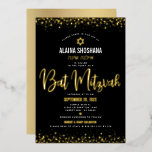 Bat Mitzvah Black Elegant Modern Script Real Gold<br><div class="desc">Be proud, rejoice and showcase this milestone of your favourite Bat Mitzvah! Send out this stunning, modern, sophisticated, personalized Hebrew name invitation for an event to remember. Graphic real gold foil calligraphy script, Star of David, and confetti dots, overlay a rich, dramatic, black background. A faux gold Star of David...</div>
