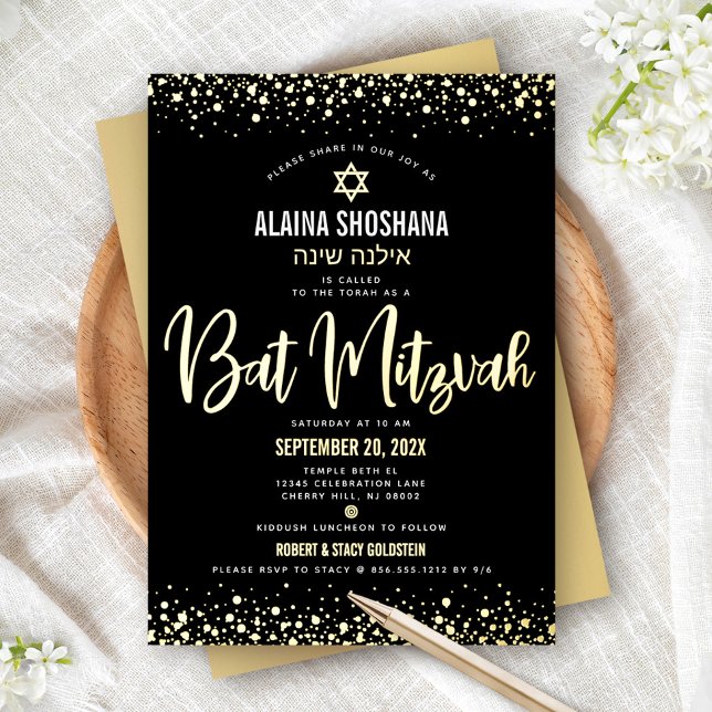 Bat Mitzvah Black Elegant Modern Script Real Gold (Creator Uploaded)