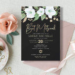 Bat Mitzvah Black Gold Floral Watercolor Script Invitation<br><div class="desc">Be proud, rejoice and showcase this milestone of your favourite Bat Mitzvah with this sophisticated, personalized invitation! A chic, stunning, white and gold glitter floral watercolor with faux gold foil script typography and white san serif type overlays a dramatic black background. Additional watercolor flowers and a gold Star of David...</div>