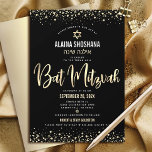 Bat Mitzvah Black Gold Foil Glitter Script Modern Invitation<br><div class="desc">Be proud, rejoice and showcase this milestone of your favourite Bat Mitzvah! Send out this stunning, modern, sophisticated, personalized Hebrew name invitation for an event to remember. Graphic faux gold foil calligraphy script, Star of David, and confetti, overlay a rich, dramatic, black background. A faux gold Star of David overlays...</div>