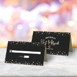 Bat Mitzvah Black Gold Foil Script Confetti Modern Place Card<br><div class="desc">No Bat Mitzvah party is complete without personalized place cards. Let your favourite Bat Mitzvah be proud, rejoice and celebrate her milestone at her perfectly coordinated party. Bold, sans serif typography and sparkly faux gold glitter tiny dots overlay a rich, dramatic, black background. On the back, white sans serif typography,...</div>