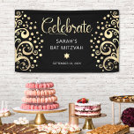 Bat Mitzvah Black Gold Foil Tree of Life Script  Banner<br><div class="desc">Be proud, rejoice and showcase this milestone of your favourite Bat Mitzvah! Hang up this stunning, modern, stylish, personalized banner to add to her special day. Graphic, abstract faux gold foil trees with sparkly Star of David and dot “leaves”, along with gold foil calligraphy script and white sans serif typography,...</div>