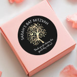 Bat Mitzvah Black Gold Foil Tree of Life Script Classic Round Sticker<br><div class="desc">Be proud, rejoice and showcase this milestone of your favourite Bat Mitzvah! Use this fun, sophisticated, personalized sticker to add to her special day. A graphic faux gold foil tree with sparkly Star of David and dot “leaves”, along with gold foil calligraphy script, overlays a rich, sophisticated, black background. Personalize...</div>
