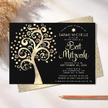 Bat Mitzvah Black Gold Foil Tree of Life Script  Invitation<br><div class="desc">Be proud, rejoice and showcase this milestone of your favorite Bat Mitzvah! This graphic faux gold foil tree with sparkly Star of David and dot “leaves”, along with gold foil calligraphy script, all on a rich, sophisticated, black background, is the perfect invitation for this special occasion. Faux gold glitter confetti...</div>