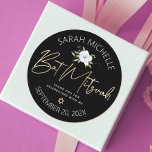 Bat Mitzvah Black Gold Script Floral Watercolor Classic Round Sticker<br><div class="desc">Be proud, rejoice and celebrate this milestone of your favourite Bat Mitzvah whenever you use this sophisticated, personalized sticker! A chic, stunning, white and gold glitter floral watercolor with faux gold foil script typography and Star of David, as well as white san serif type overlay a dramatic black background. Personalize...</div>