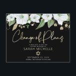 Bat Mitzvah Black Gold Script Floral Watercolor Invitation Postcard<br><div class="desc">Make sure all your friends and relatives will still be able to celebrate your daughter’s milestone Bat Mitzvah, regardless of current global unforeseen circumstances. Send out this chic, personalized “Change of Plans” announcement postcard. A chic, stunning, white and gold glitter floral watercolor with faux gold foil script typography and white...</div>