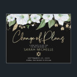 Bat Mitzvah Black Gold Script Floral Watercolor Invitation Postcard<br><div class="desc">Make sure all your friends and relatives will still be able to celebrate your daughter’s milestone Bat Mitzvah, regardless of current global unforeseen circumstances. Send out this chic, personalized “Change of Plans” announcement postcard. A chic, stunning, white and gold glitter floral watercolor with faux gold foil script typography and white...</div>