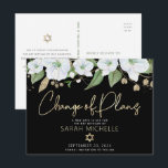 Bat Mitzvah Black Gold Script Floral Watercolor Invitation Postcard<br><div class="desc">Make sure all your friends and relatives will still be able to celebrate your daughter’s milestone Bat Mitzvah, regardless of current global unforeseen circumstances. Send out this chic, personalized “Change of Plans” announcement postcard. A chic, stunning, white and gold glitter floral watercolor with faux gold foil script typography and white...</div>
