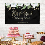 Bat Mitzvah Black Gold Script Watercolor Floral  Banner<br><div class="desc">Be proud, rejoice and showcase this milestone of your favourite Bat Mitzvah! Hang up this stunning, modern, stylish, personalized banner to add to her special day. A chic, stunning, white and gold glitter floral watercolor with faux gold foil script typography and gold san serif type overlays a dramatic black background....</div>