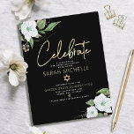 Bat Mitzvah Black Gold Script Watercolor Floral Enclosure Card<br><div class="desc">Be proud, rejoice and showcase this milestone of your favourite Bat Mitzvah! Include this modern, sparkly, personalized insert for additional information to your event. A chic, stunning, white and gold glitter floral watercolor with faux gold foil script typography and white san serif type overlays a dramatic black background. Additional watercolor...</div>