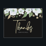 Bat Mitzvah Black Gold Script Watercolor Floral Postcard<br><div class="desc">Make sure your favourite Bat Mitzvah shows her appreciation to all who supported her milestone event! Send out this sophisticated, personalized thank you postcard! A chic, stunning, white and gold glitter floral watercolor with faux gold foil script typography and white san serif type overlays a dramatic black background. A gold...</div>
